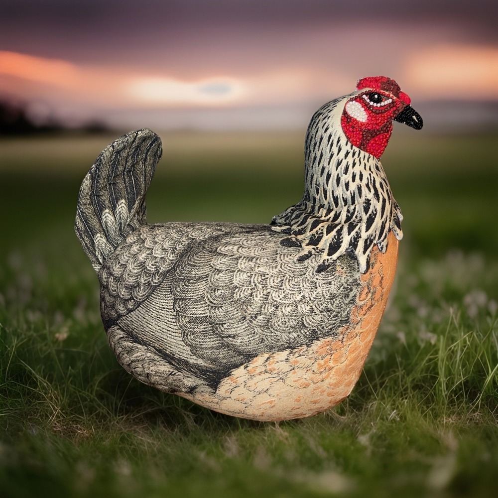 John Derian Beaded‎ Fall Chicken Shaped Pillow Plush Country Farm Kitchen
